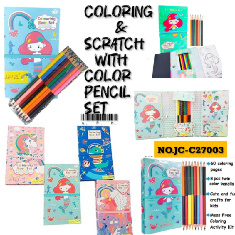 COLOURING BOOK & SCRATCH WITH COLOUR PENCIL SET